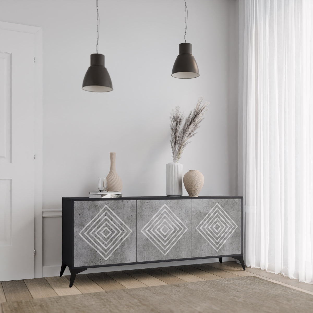 POLYGONAL ARTISTRY Skänk med tre dörrar