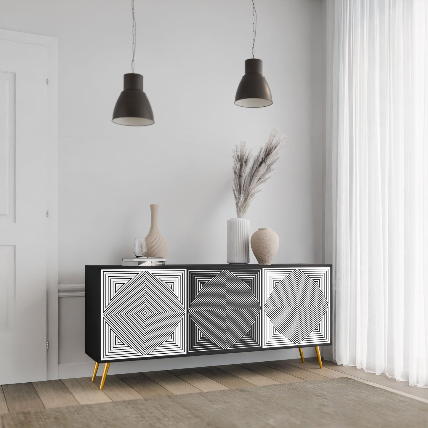 Credenza POLYGON ILLUSION a 3 ante in finitura nera