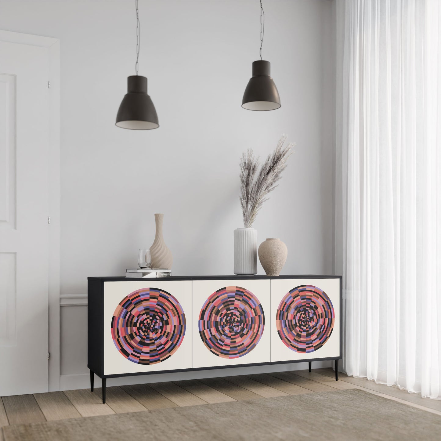 Credenza BROWN CIRCLES a 3 ante in finitura nera