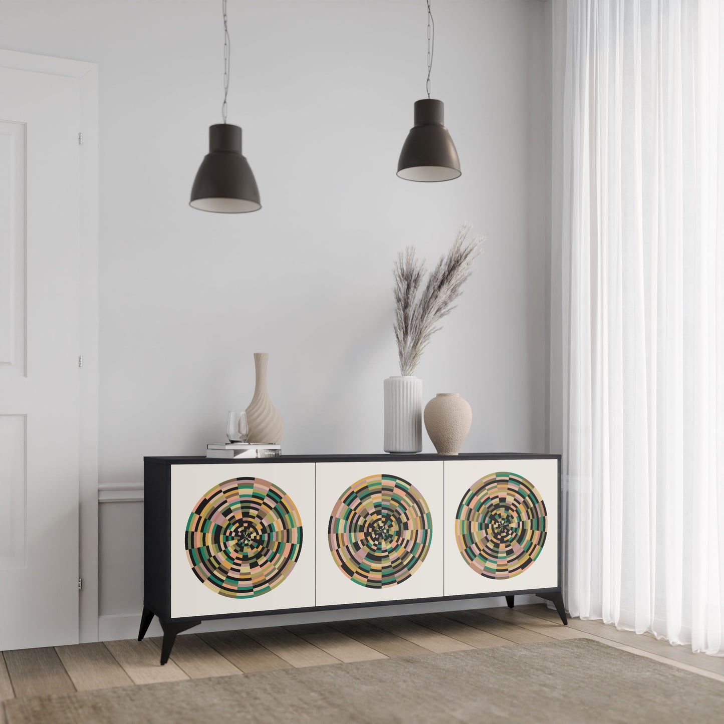 Credenza a 3 ante GREEN CIRCLES in finitura nera