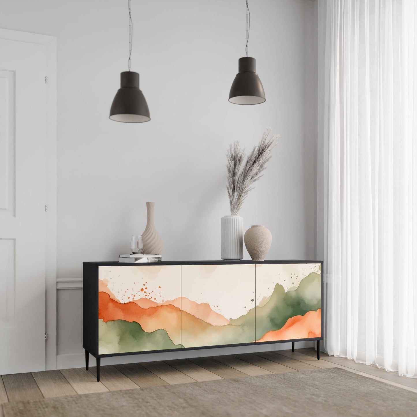 Credenza a 3 ante WATERCOLOUR PEAKS in finitura nera