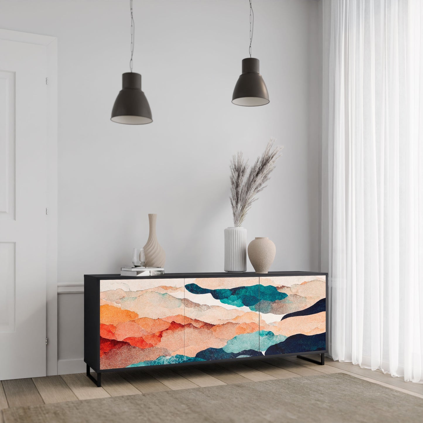 Credenza a 3 ante ABSTRACT LANDSCAPE in finitura nera