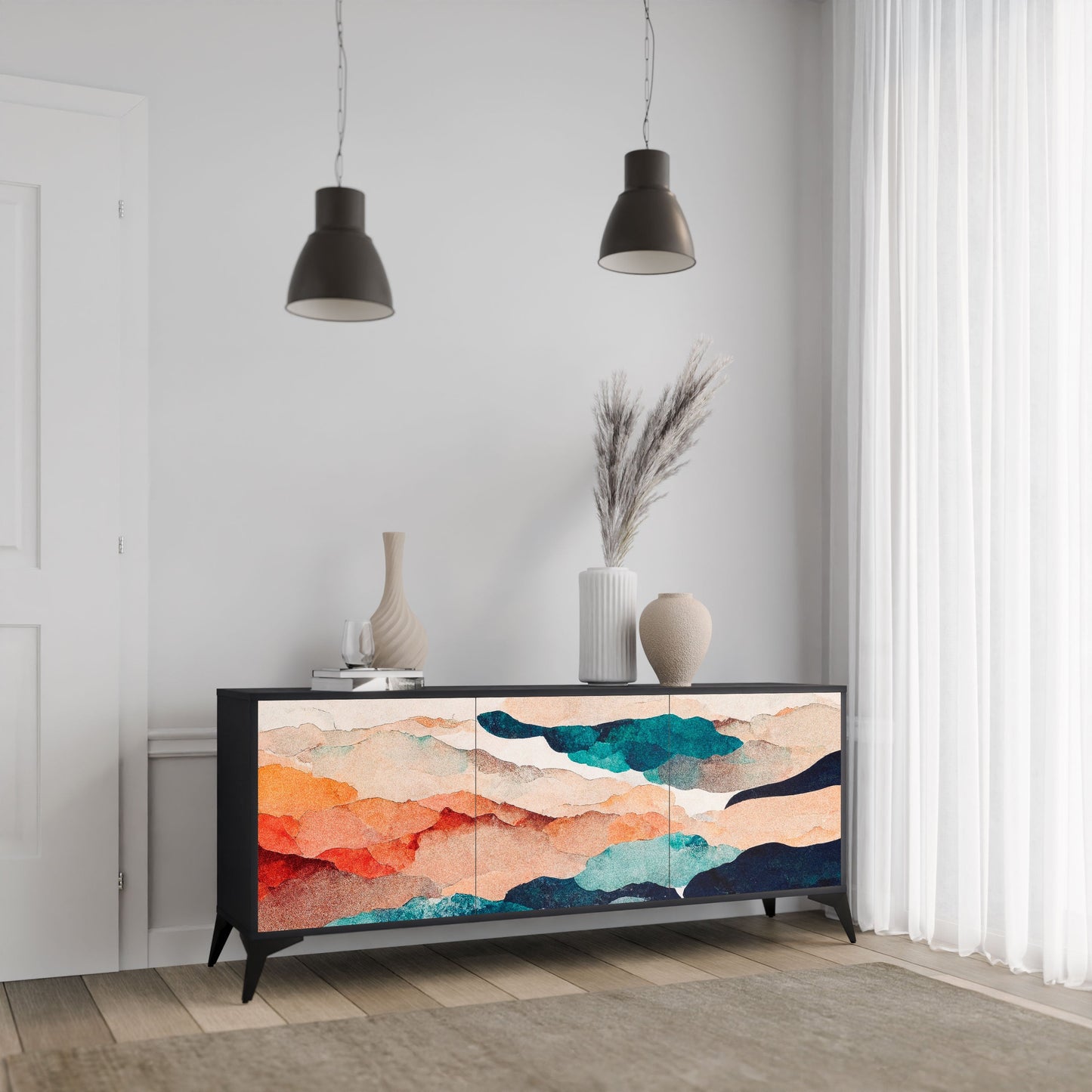 Credenza a 3 ante ABSTRACT LANDSCAPE in finitura nera