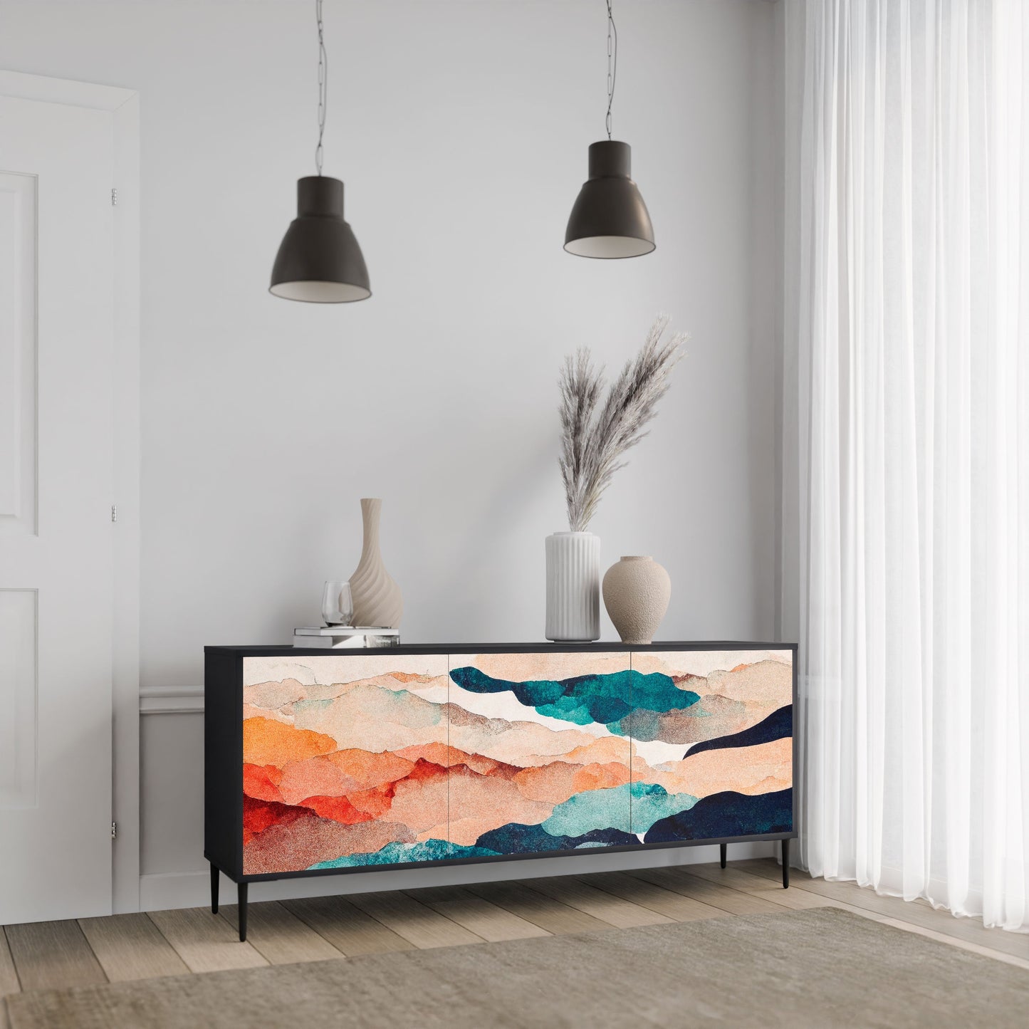 Credenza a 3 ante ABSTRACT LANDSCAPE in finitura nera