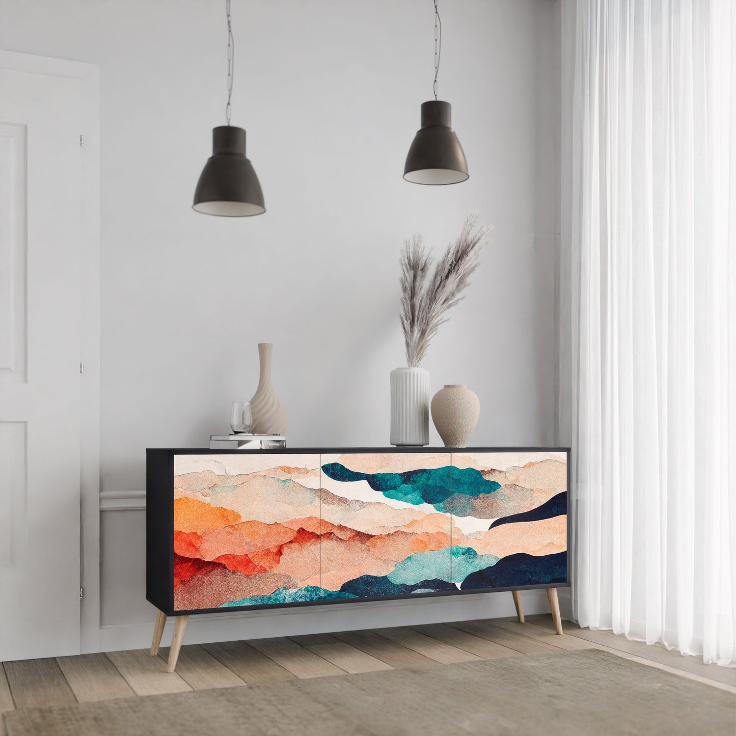 Credenza a 3 ante ABSTRACT LANDSCAPE in finitura nera