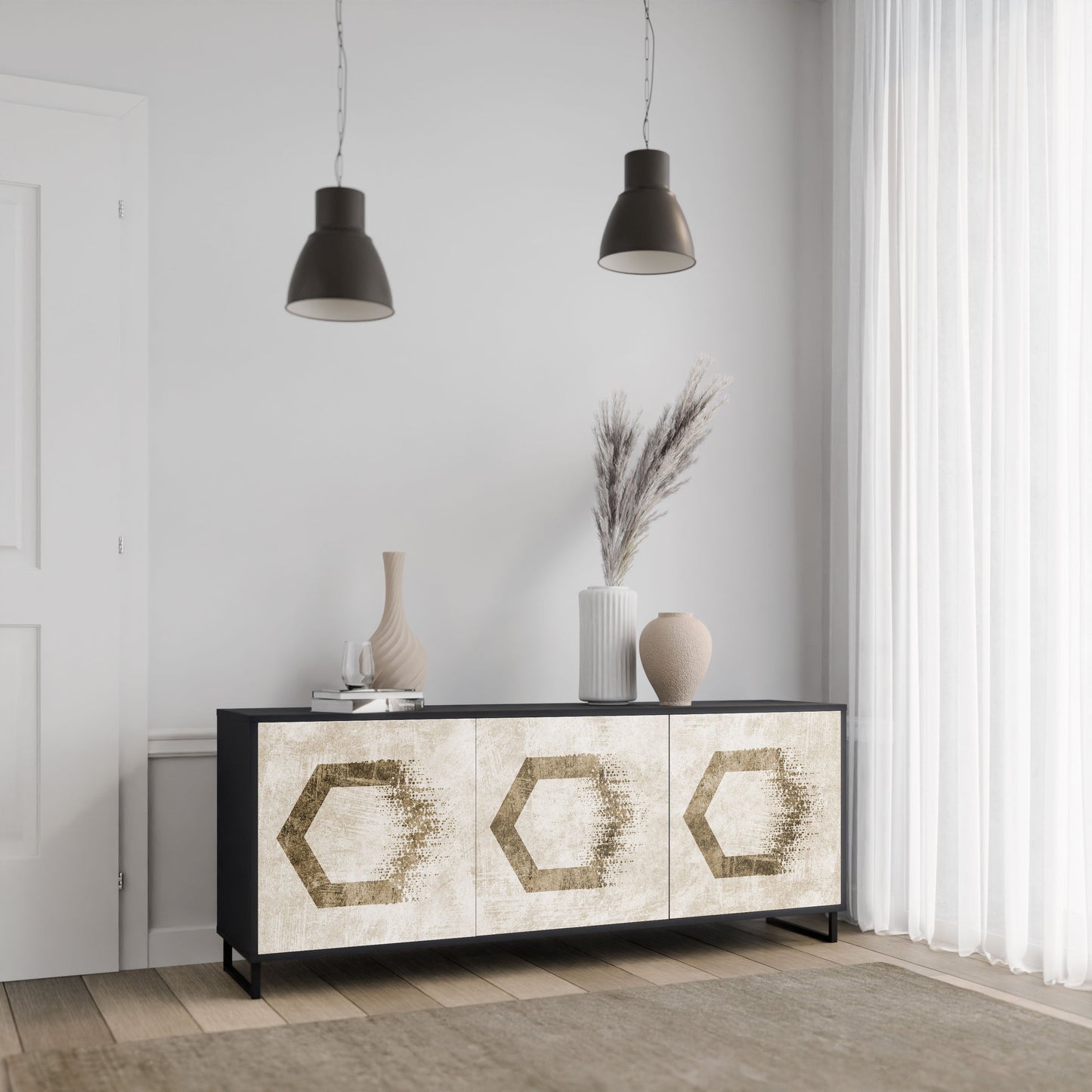 Buffet 3 portes FORMES HEXAGONALES en finition noire