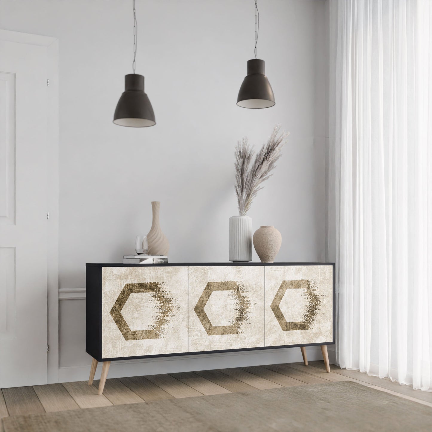 Buffet 3 portes FORMES HEXAGONALES en finition noire