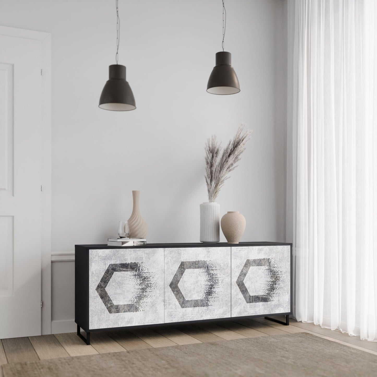 Credenza HEXAGONAL FIGURES a 3 ante in finitura nera