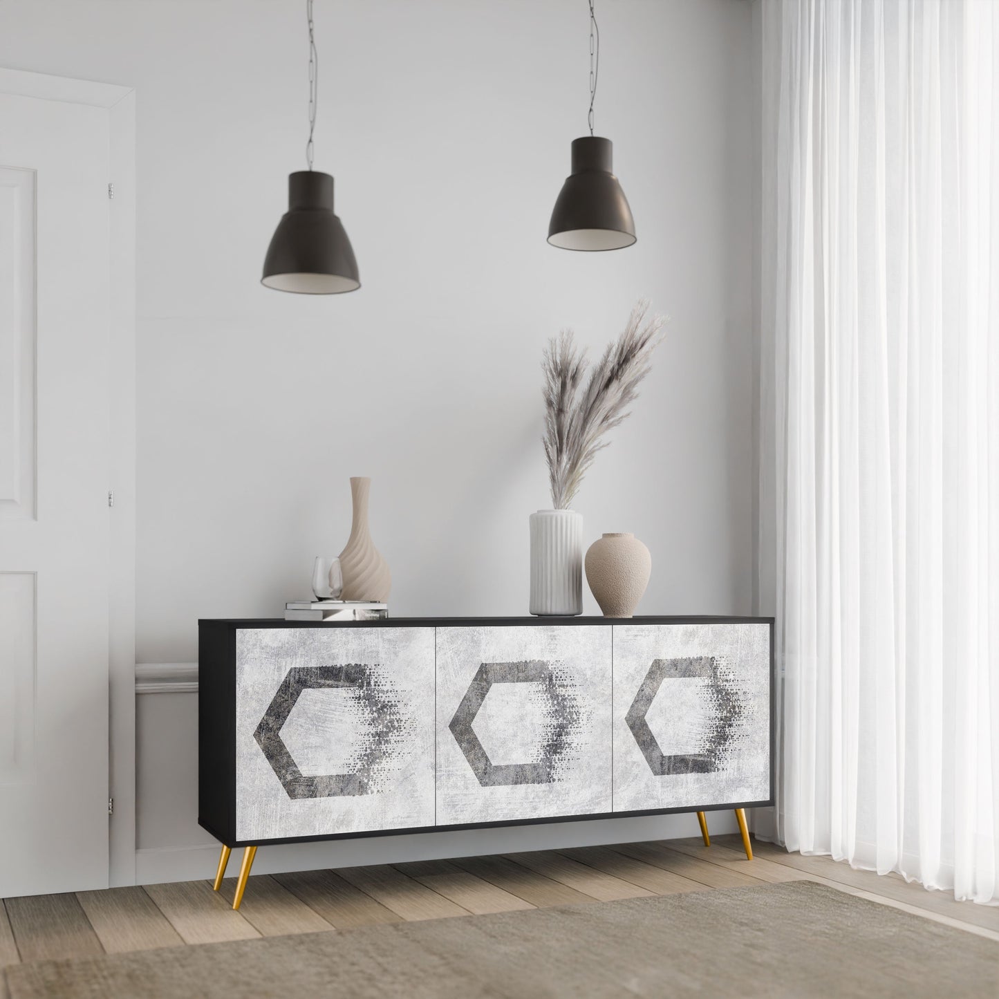 Credenza HEXAGONAL FIGURES a 3 ante in finitura nera