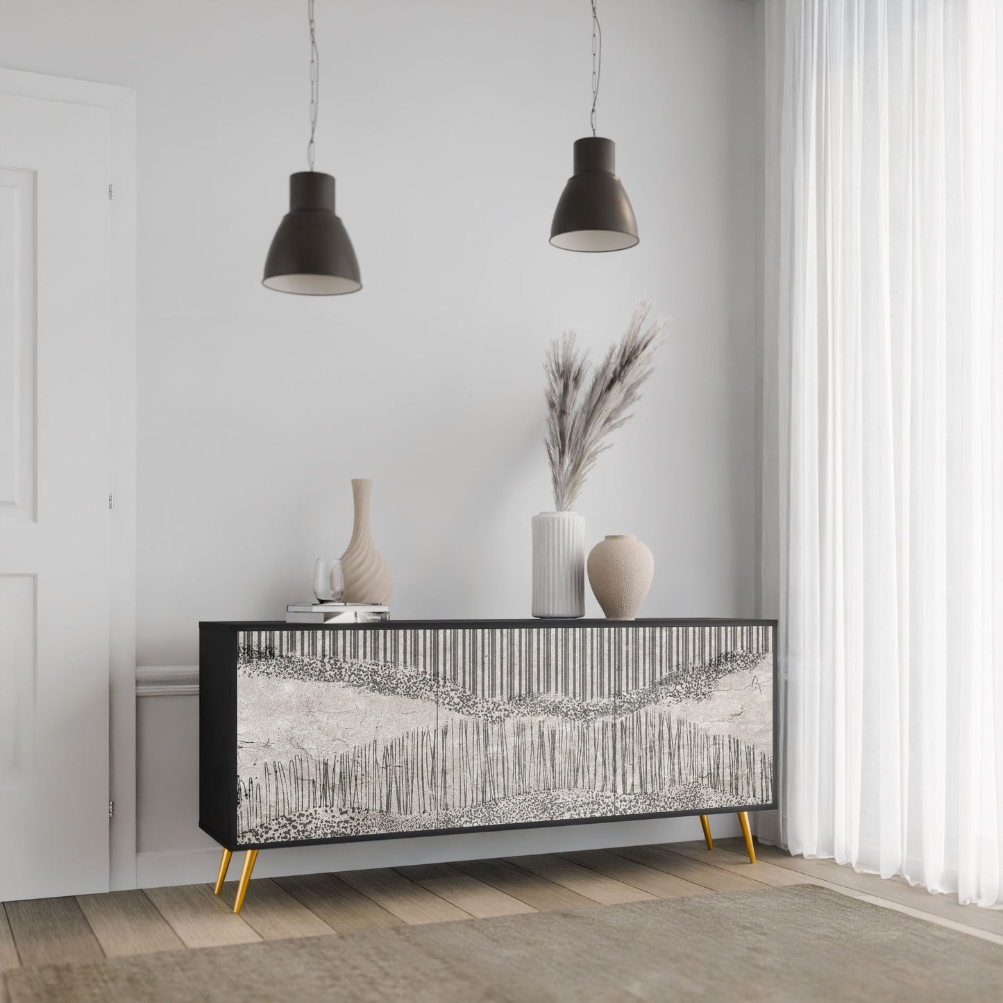 Credenza a 3 ante GRAIN LINES in finitura nera