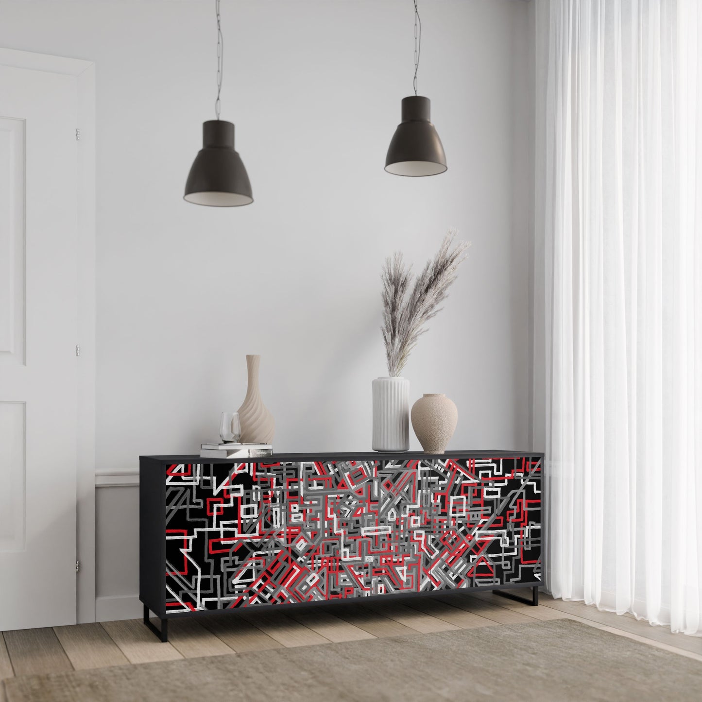 BROKEN LINES 3-Door Sideboard in Black Finish