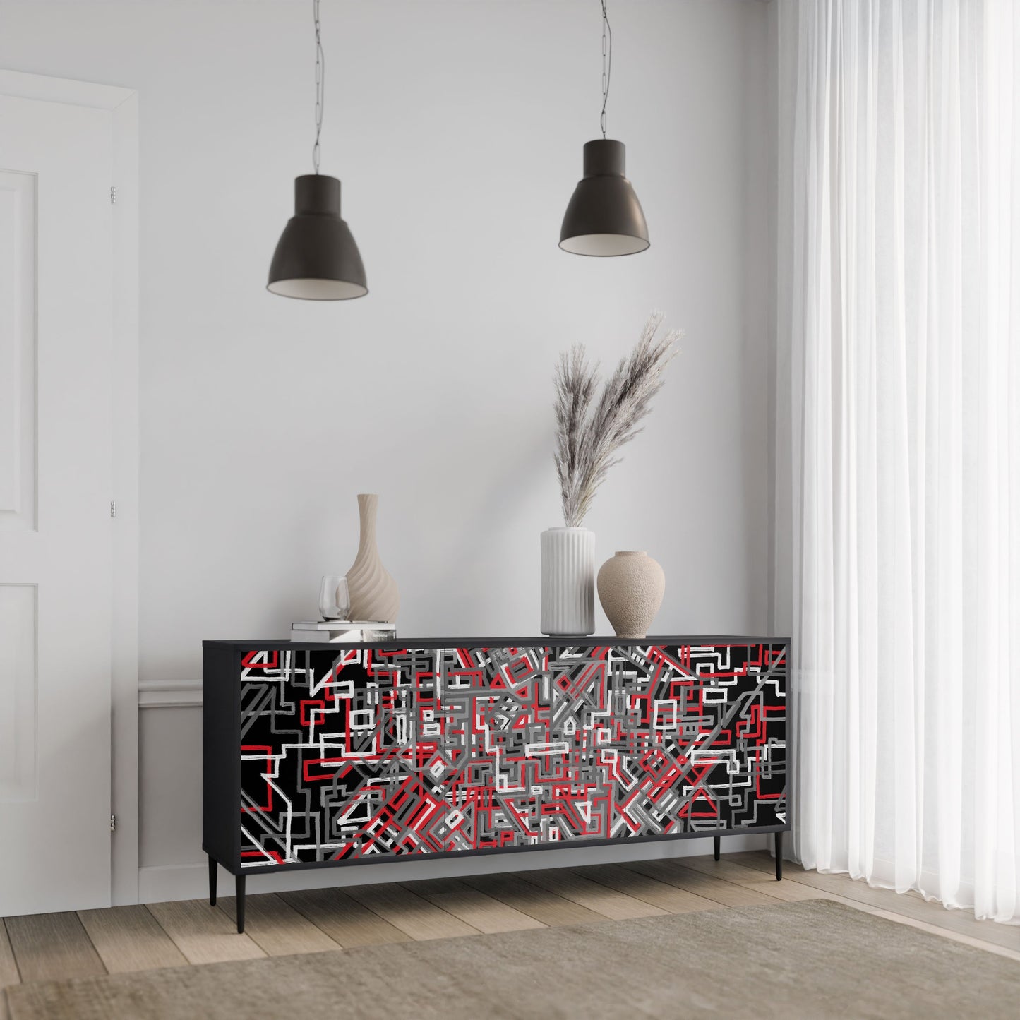 BROKEN LINES 3-Door Sideboard in Black Finish