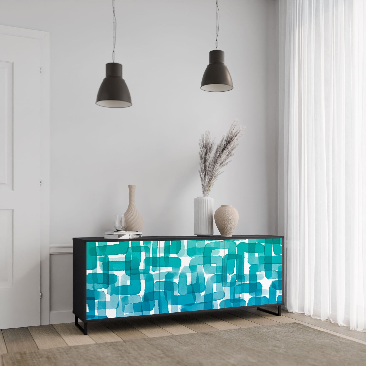 TURQUOISE RECTANGLES 3-Door Sideboard in Black Finish