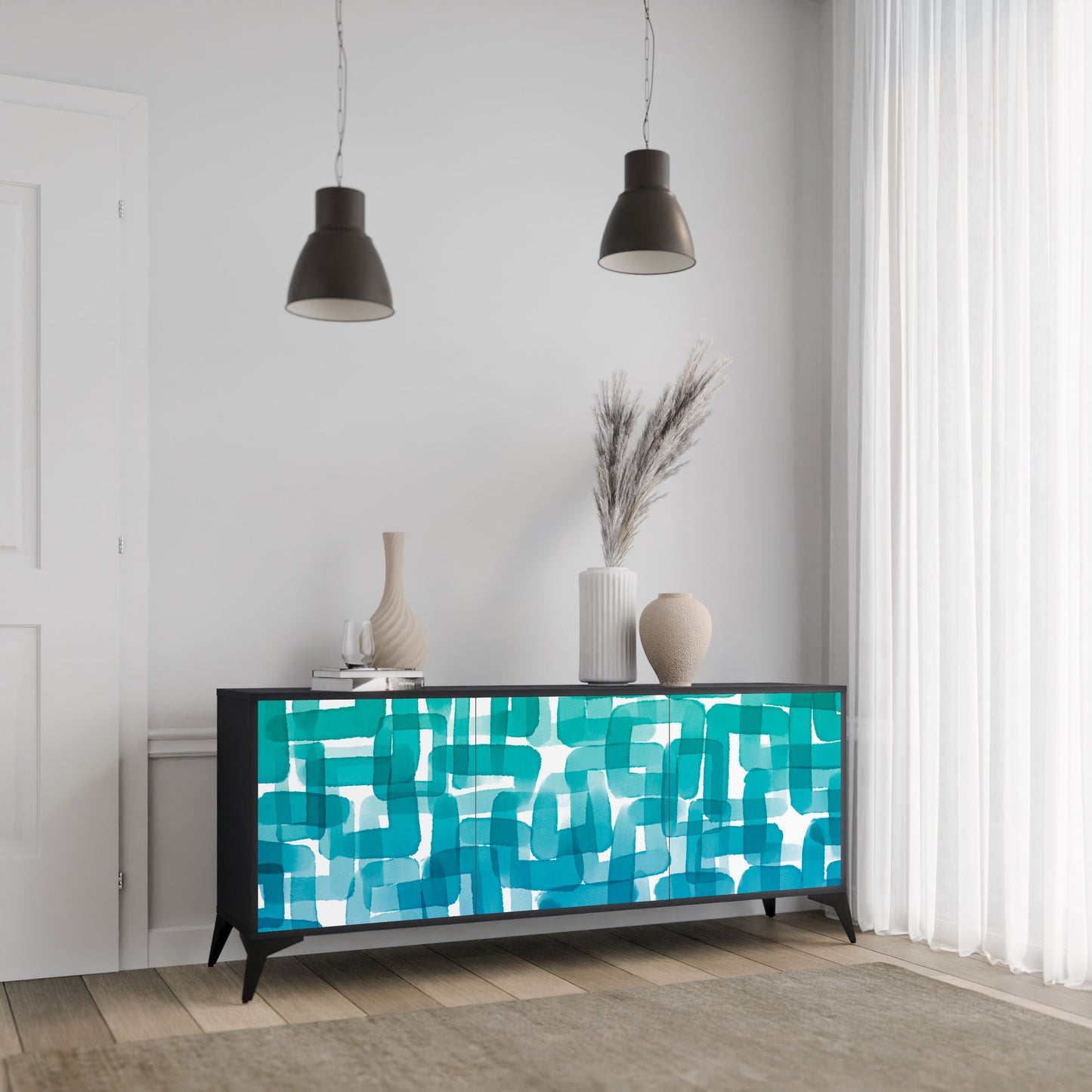 TURQUOISE RECTANGLES 3-Door Sideboard in Black Finish