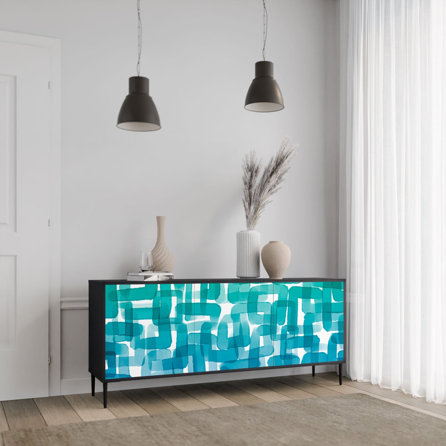 TURQUOISE RECTANGLES 3-Door Sideboard in Black Finish