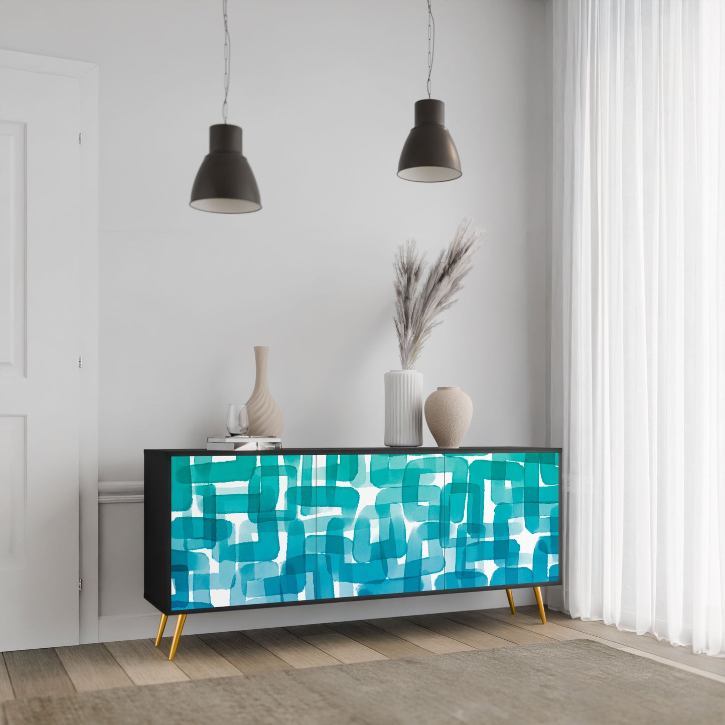 TURQUOISE RECTANGLES 3-Door Sideboard in Black Finish