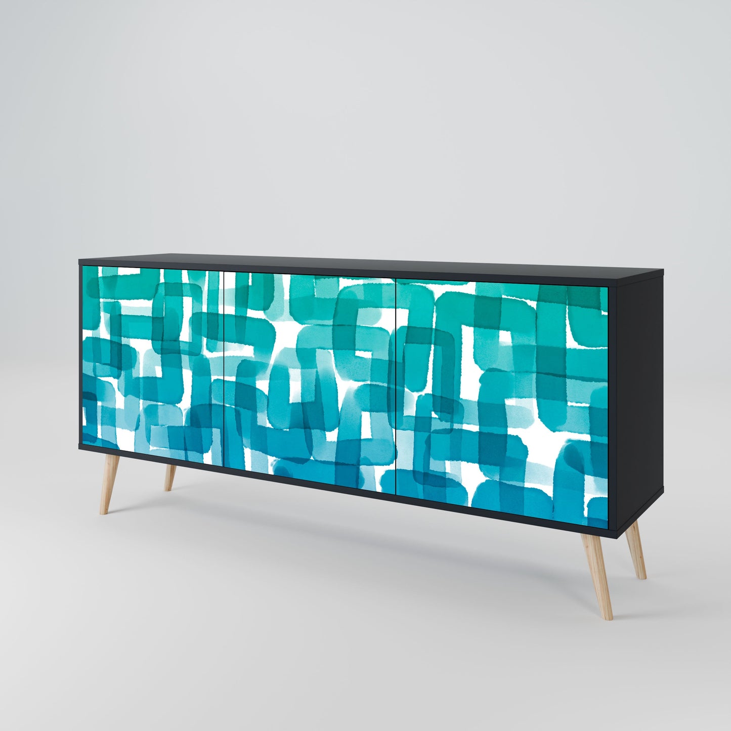 TURQUOISE RECTANGLES 3-Door Sideboard in Black Finish