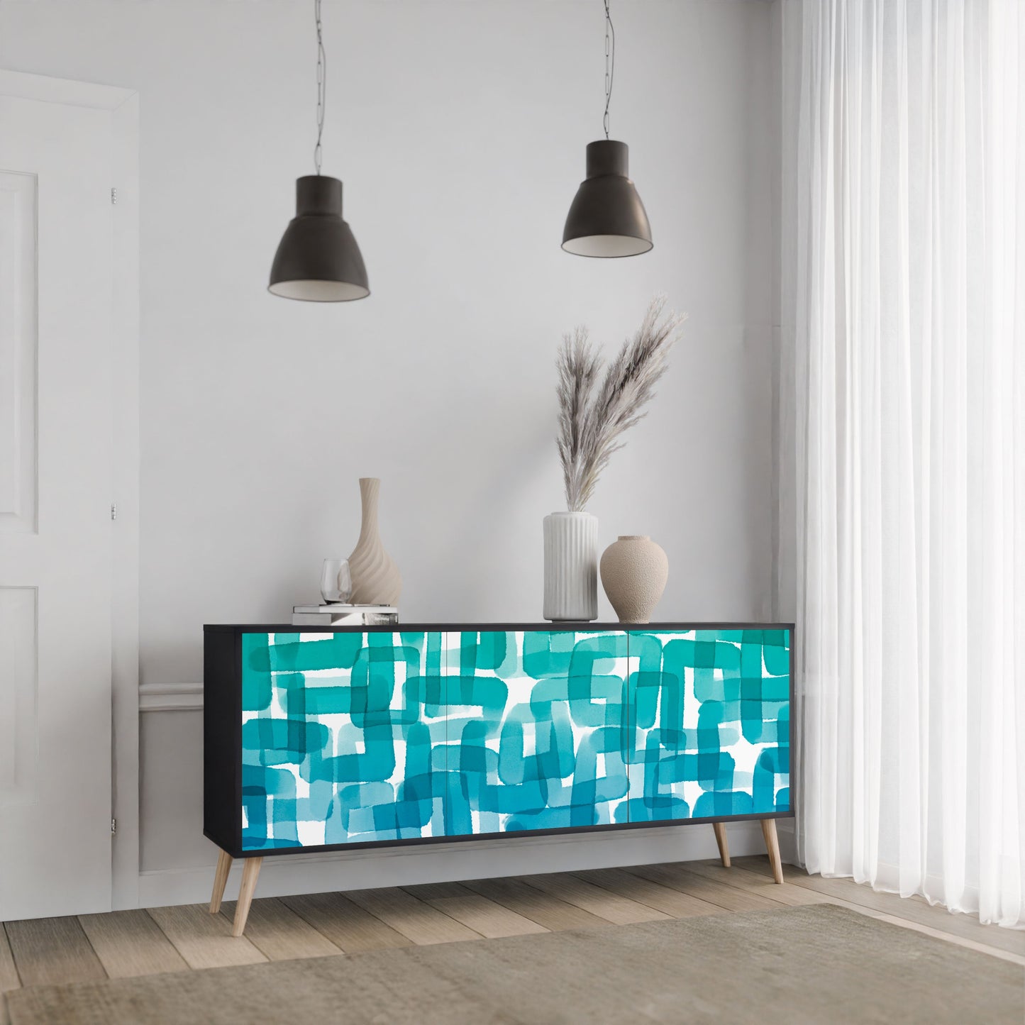 TURQUOISE RECTANGLES 3-Door Sideboard in Black Finish