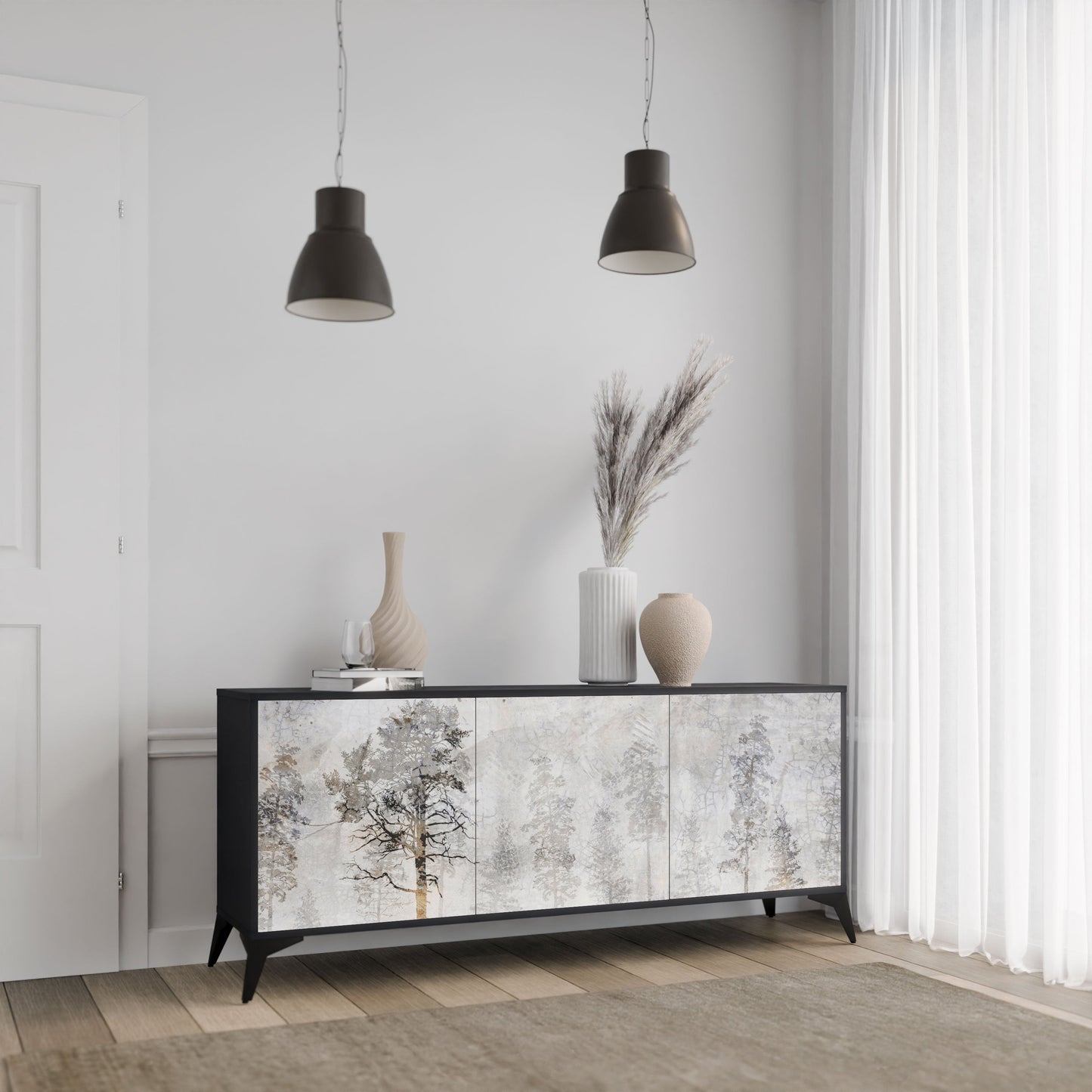 Credenza a 3 ante FADE IN THE TREES in finitura nera