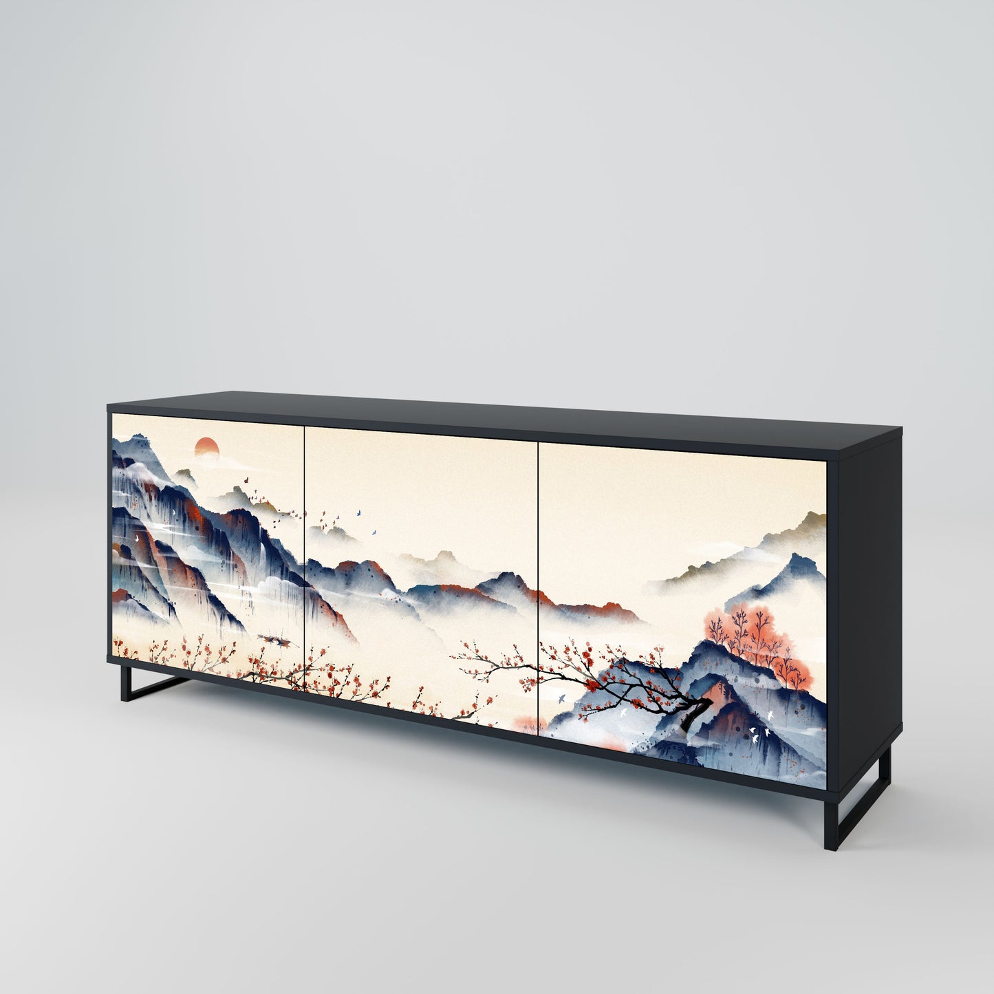 JAPANESE LANDSCAPE 3-Door Sideboard in Black Finish