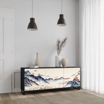 JAPANESE LANDSCAPE 3-Door Sideboard in Black Finish