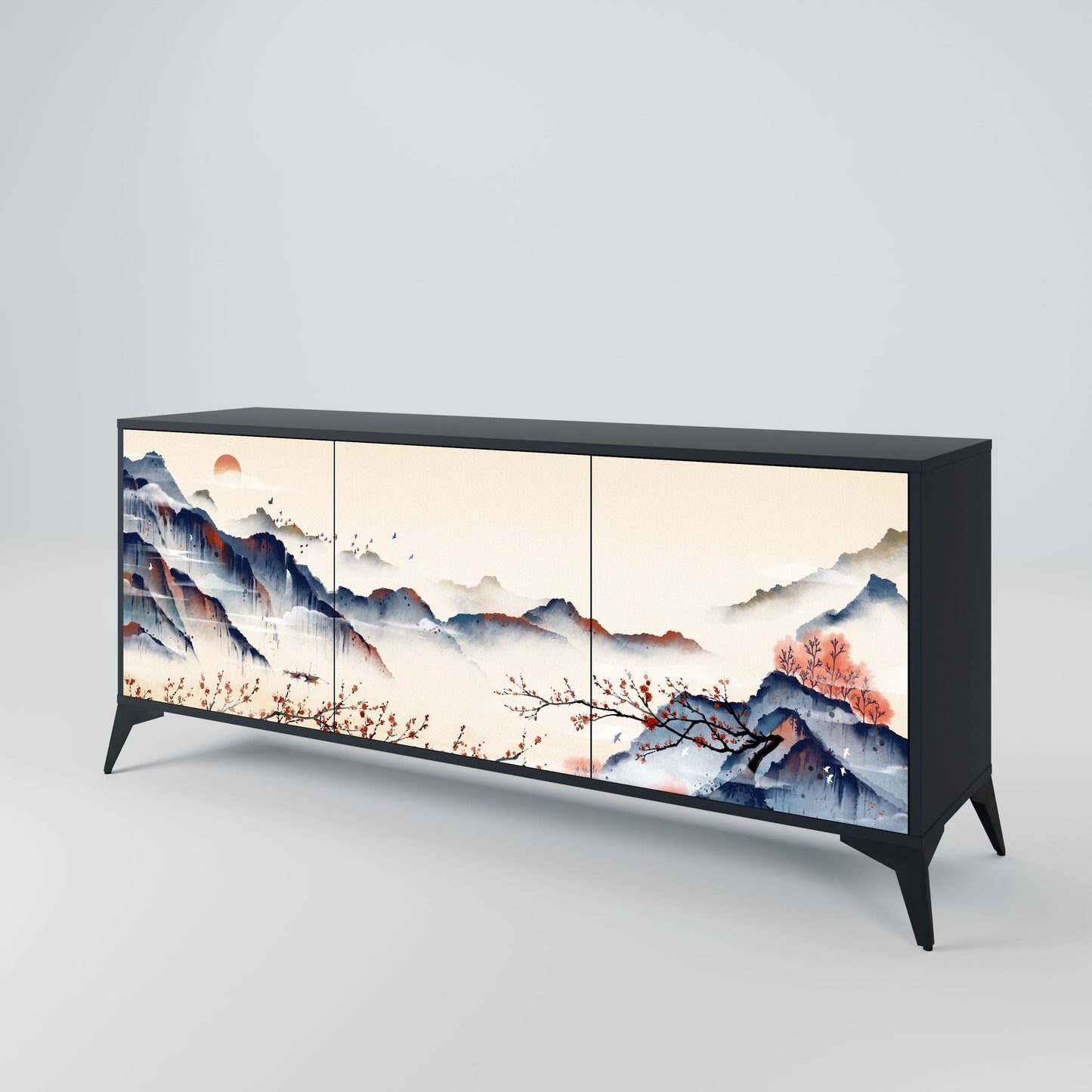 JAPANESE LANDSCAPE 3-Door Sideboard in Black Finish