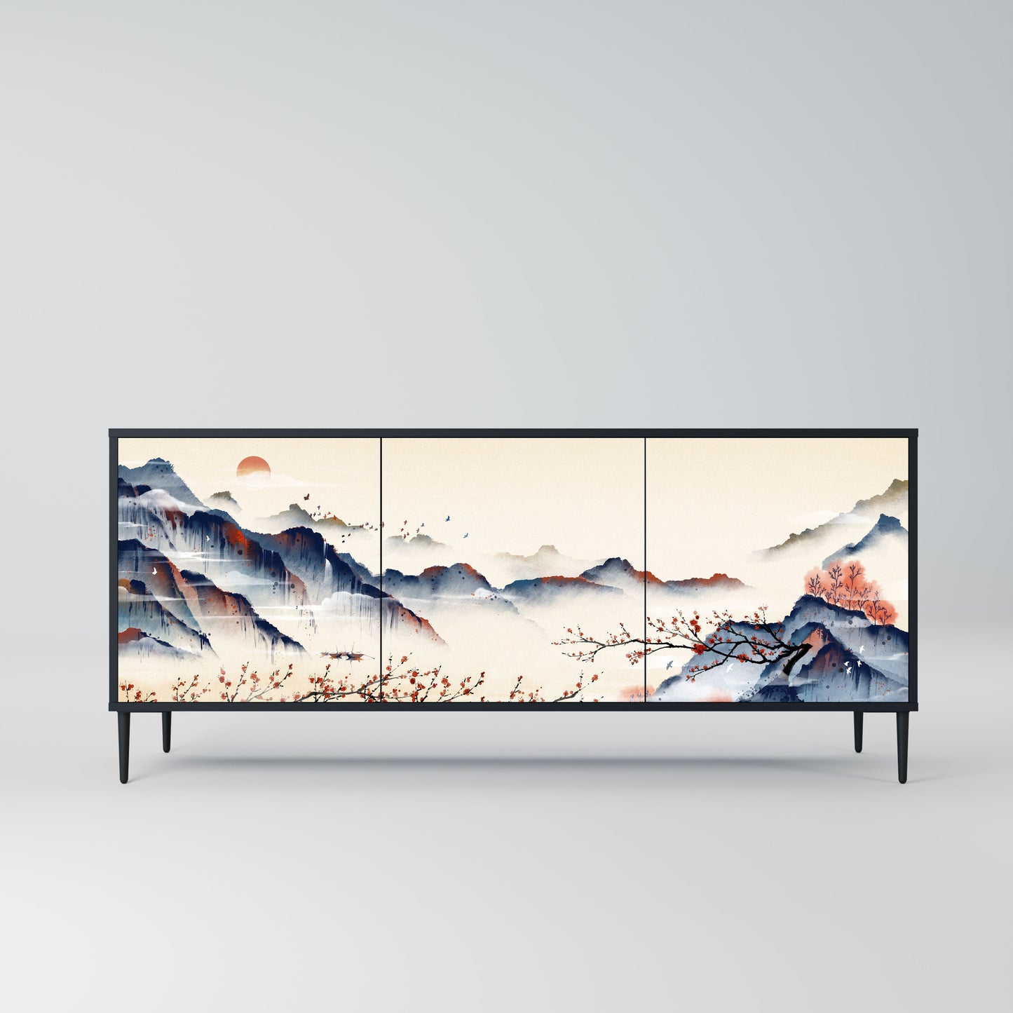 JAPANESE LANDSCAPE 3-Door Sideboard in Black Finish