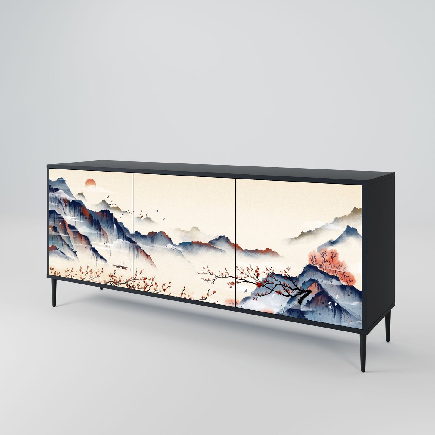 JAPANESE LANDSCAPE 3-Door Sideboard in Black Finish