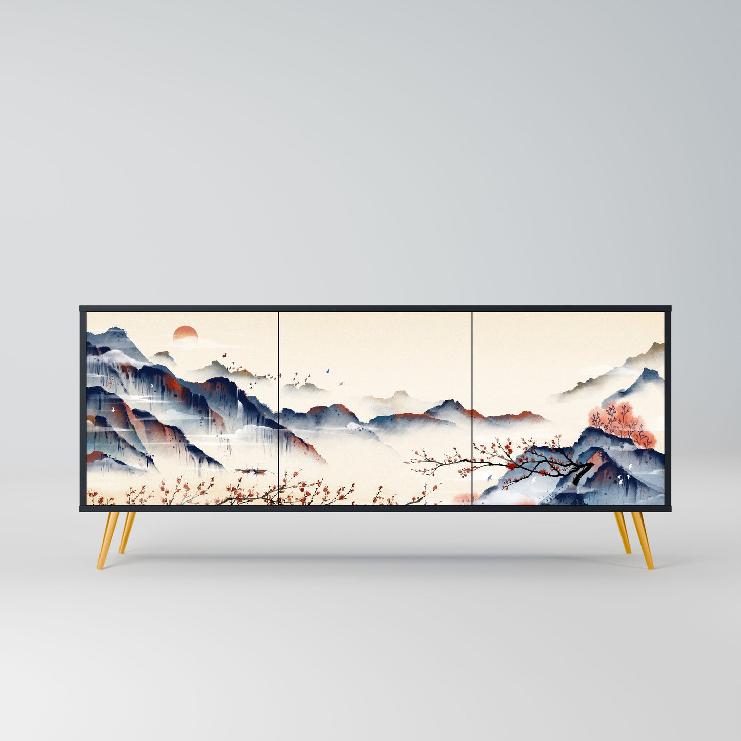 JAPANESE LANDSCAPE 3-Door Sideboard in Black Finish