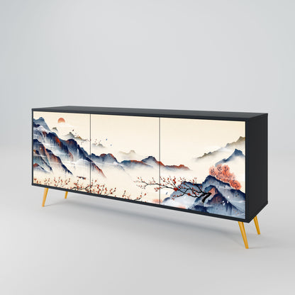 JAPANESE LANDSCAPE 3-Door Sideboard in Black Finish