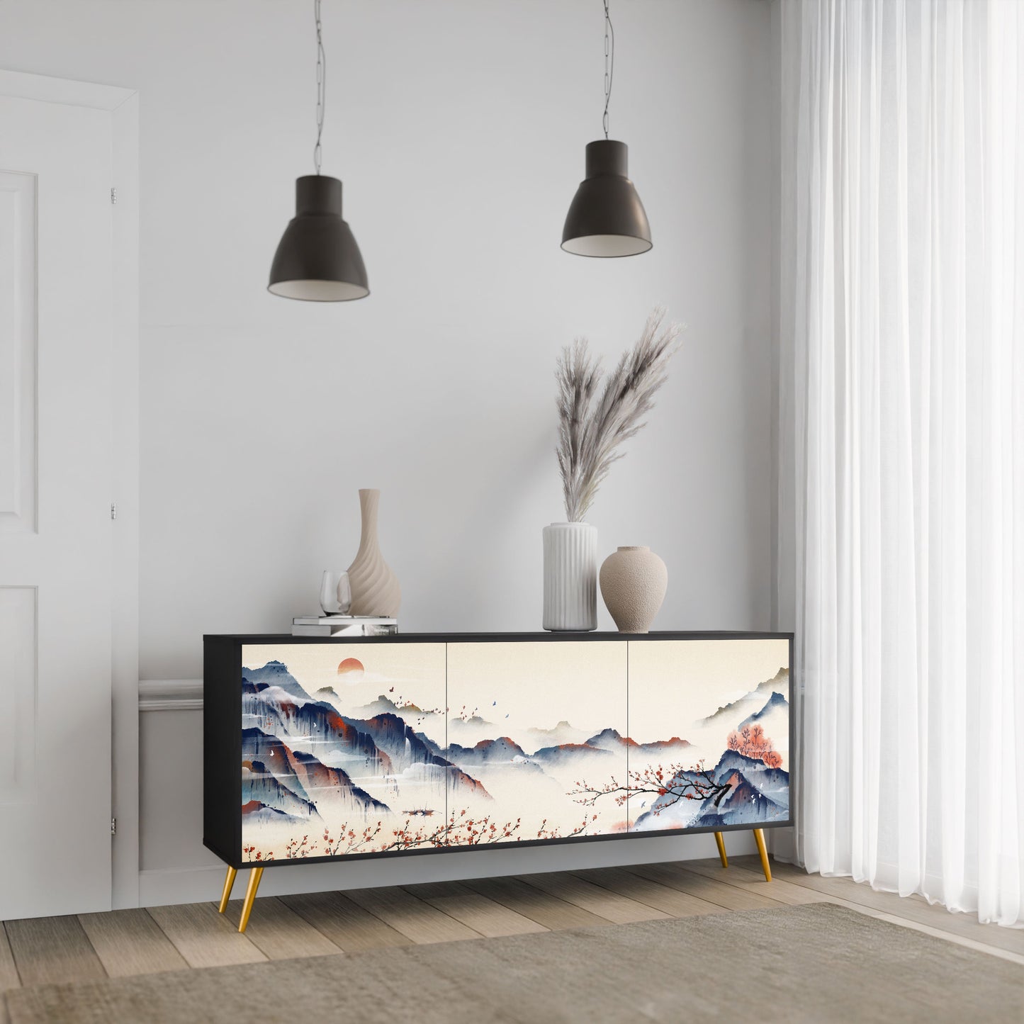 JAPANESE LANDSCAPE 3-Door Sideboard in Black Finish