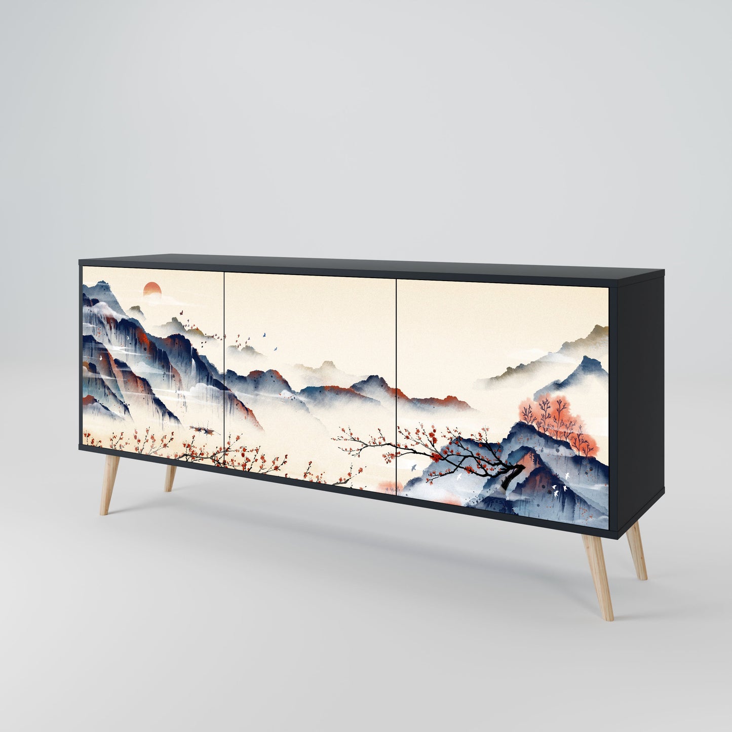 JAPANESE LANDSCAPE 3-Door Sideboard in Black Finish