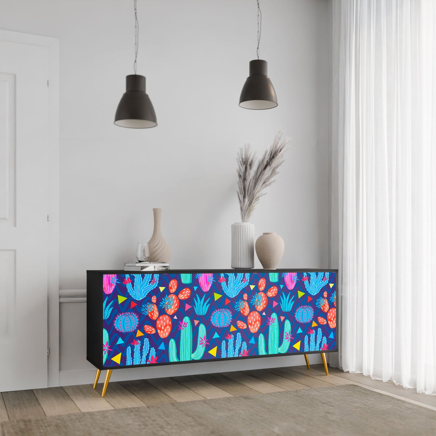 Credenza a 3 ante CACTUS VIBES in finitura nera