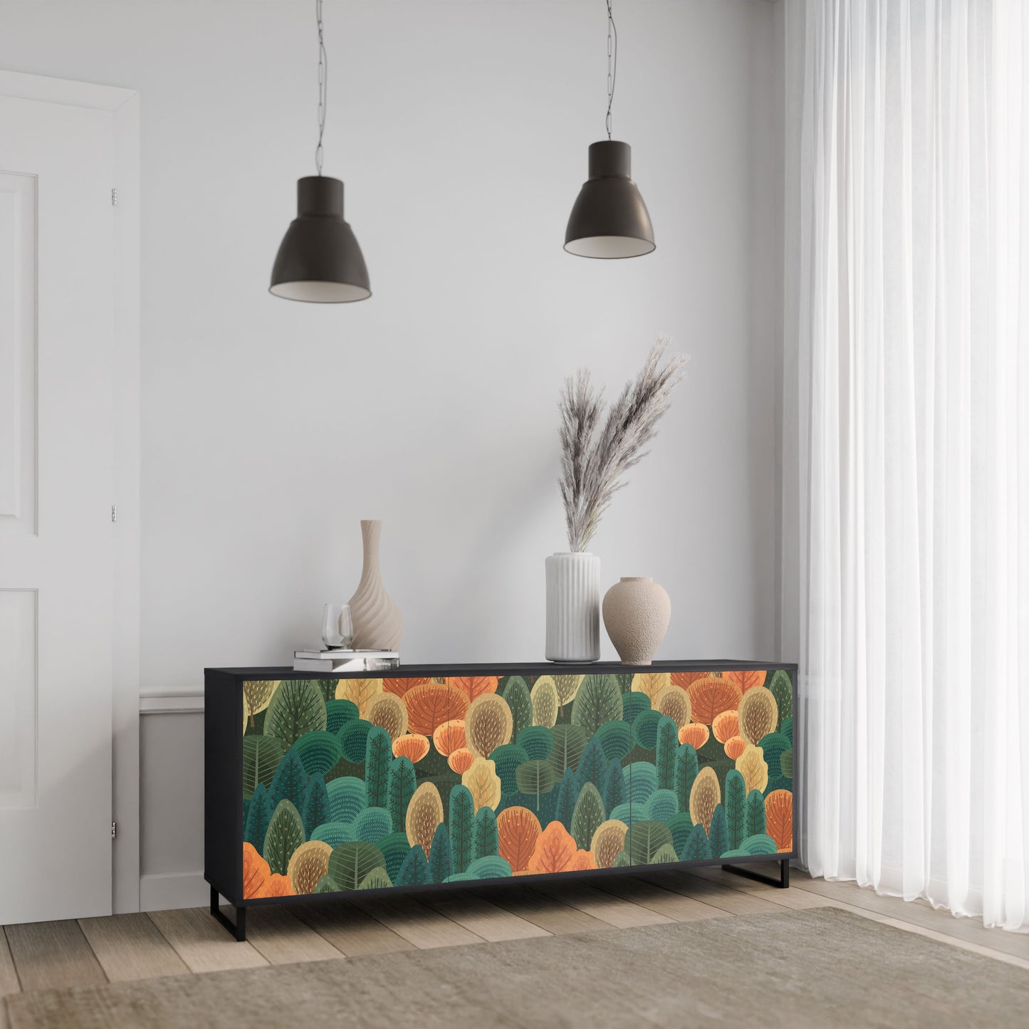 Buffet 3 portes KALEIDOSCOPE D'AUTOMNE en finition noire