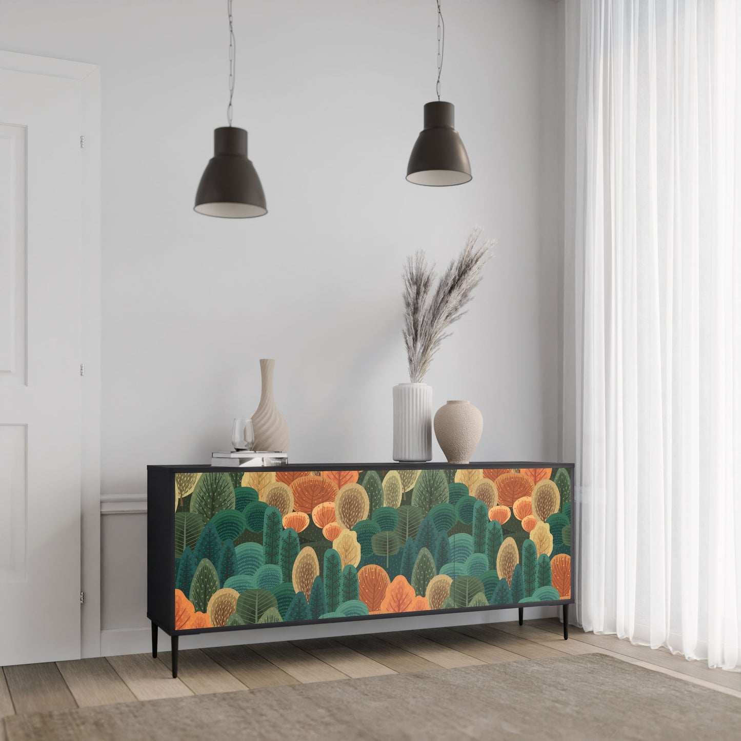 Buffet 3 portes KALEIDOSCOPE D'AUTOMNE en finition noire