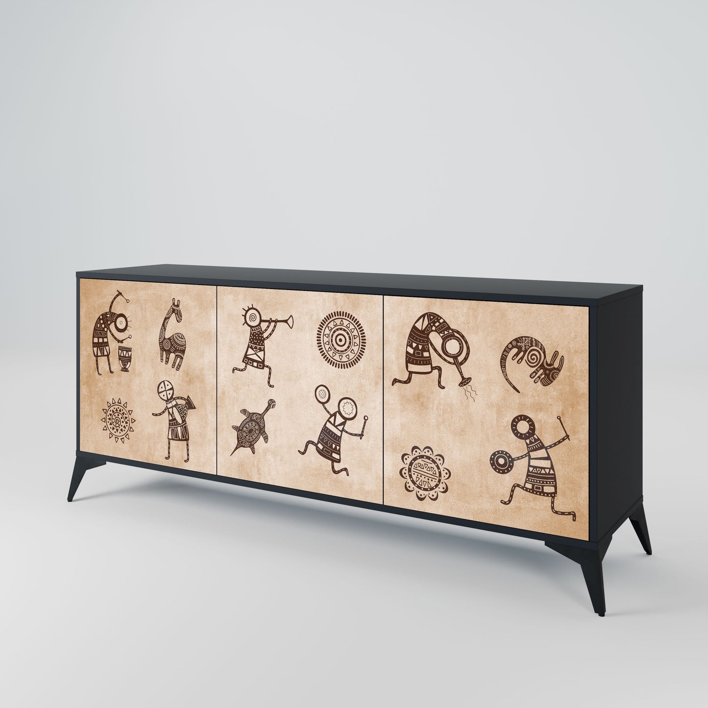 Credenza a 3 ante in stile africano con finitura nera