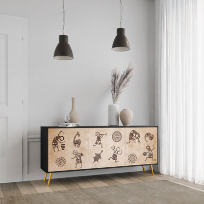 Credenza a 3 ante in stile africano con finitura nera