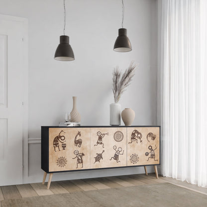 Credenza a 3 ante in stile africano con finitura nera