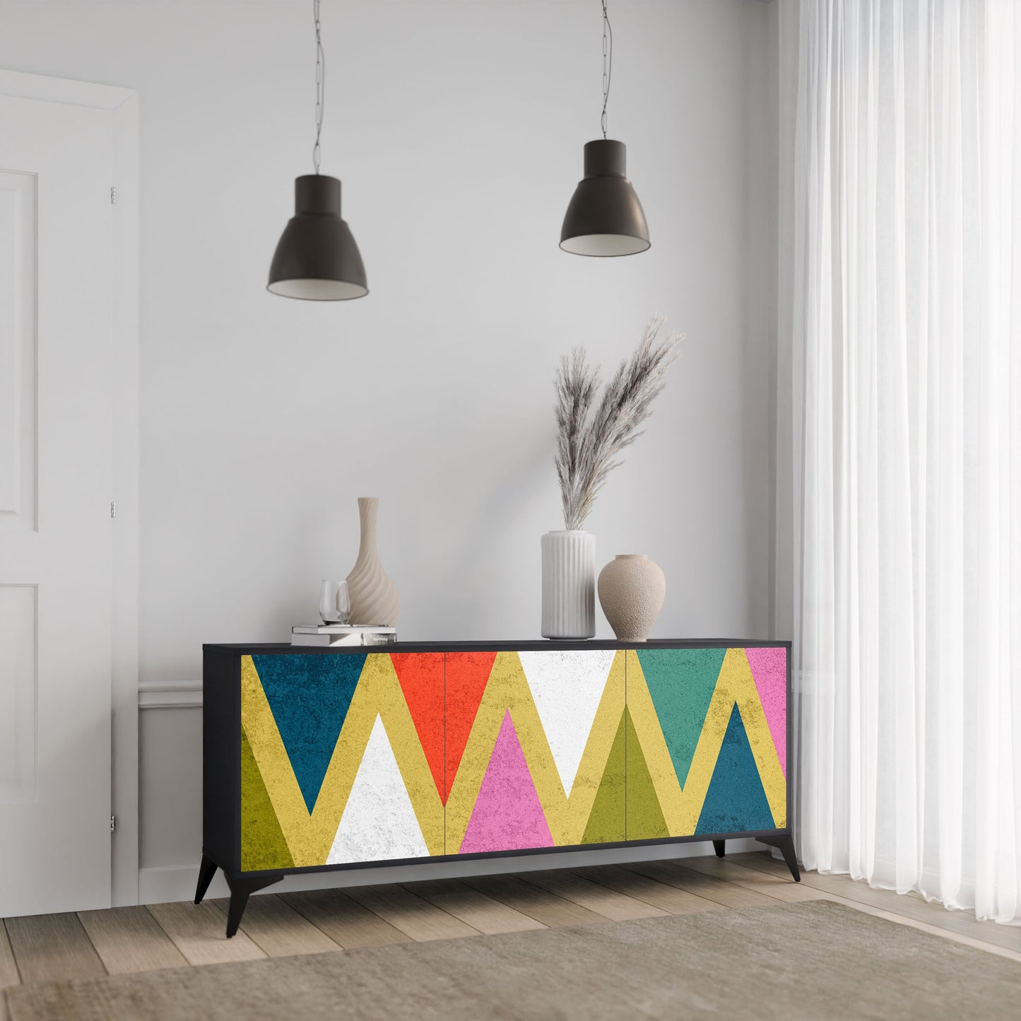 Credenza a 3 ante COLORFUL TRIANGLES in finitura nera