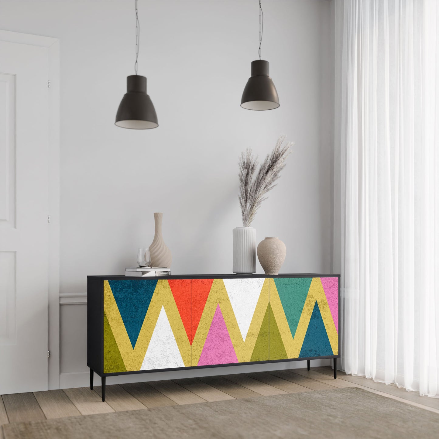 Credenza a 3 ante COLORFUL TRIANGLES in finitura nera