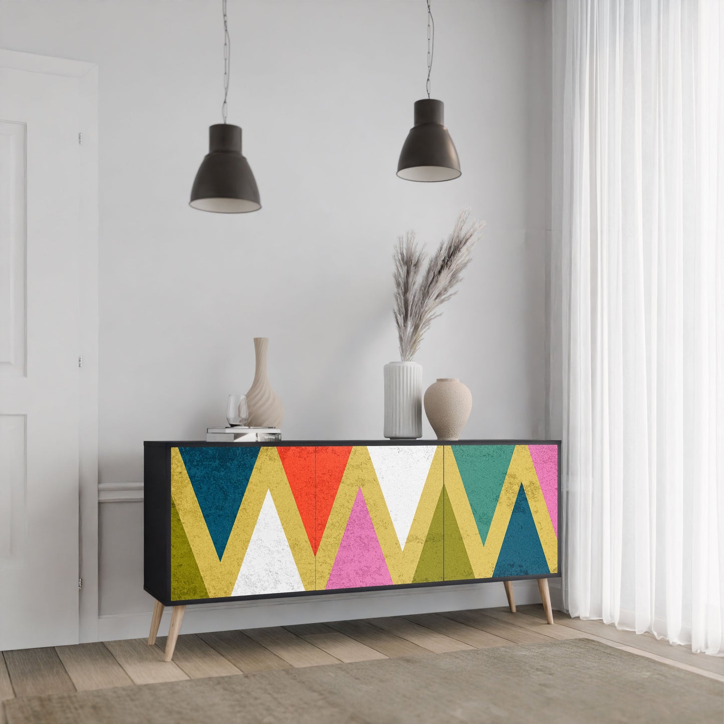 Credenza a 3 ante COLORFUL TRIANGLES in finitura nera