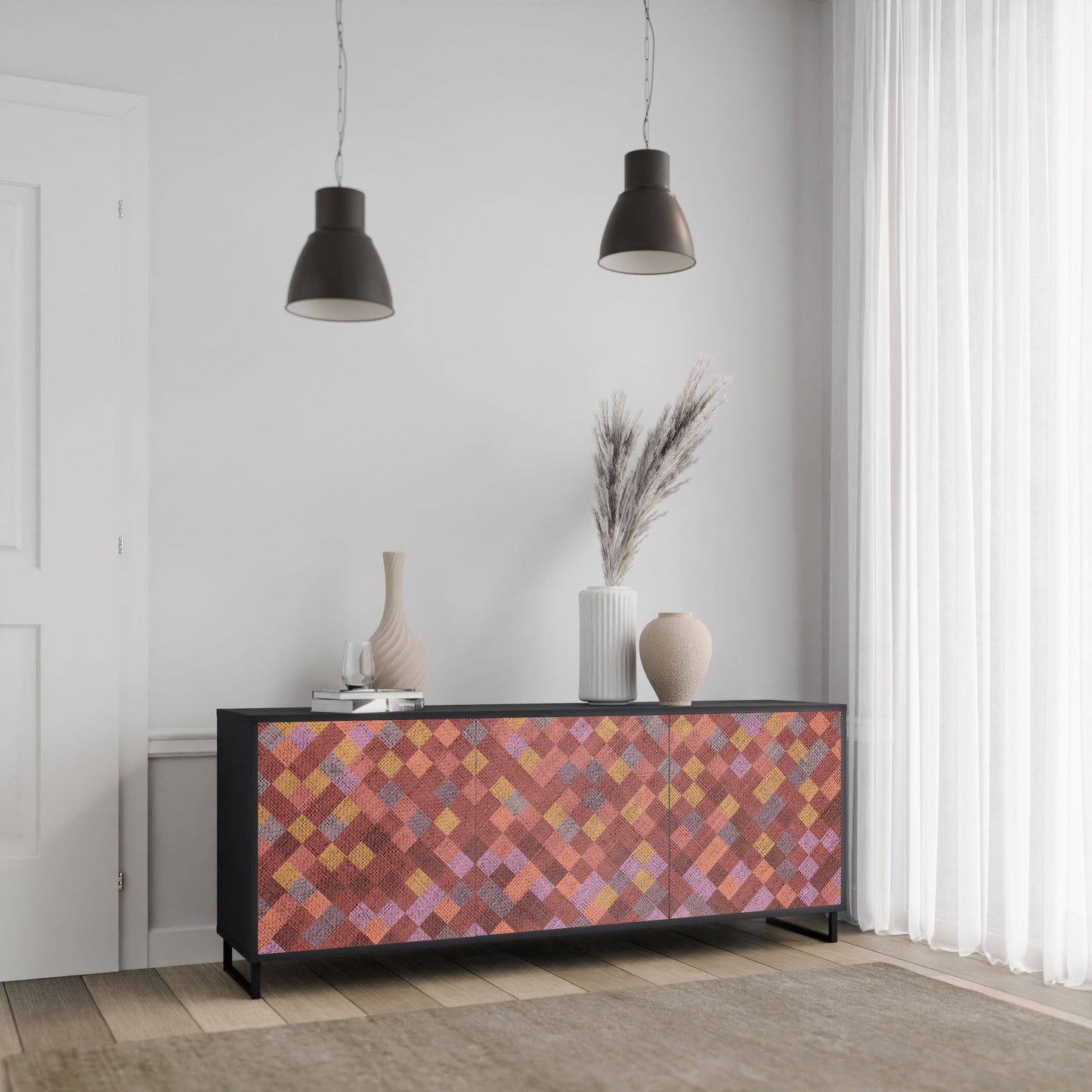 PAINTED SQUARES 3-Door Sideboard in Black Finish