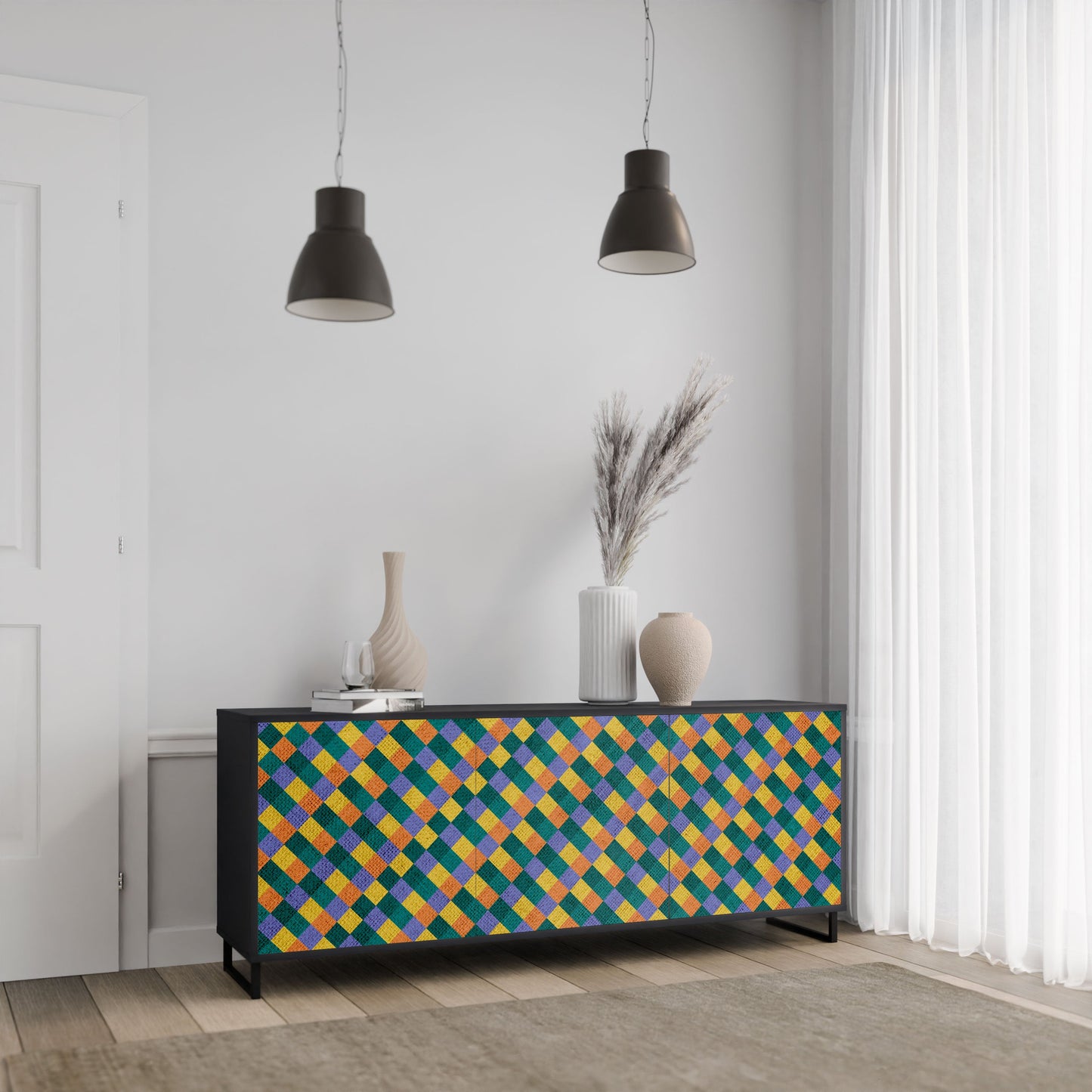 PAINTED SQUARES MIX 3-Door Sideboard in Black Finish