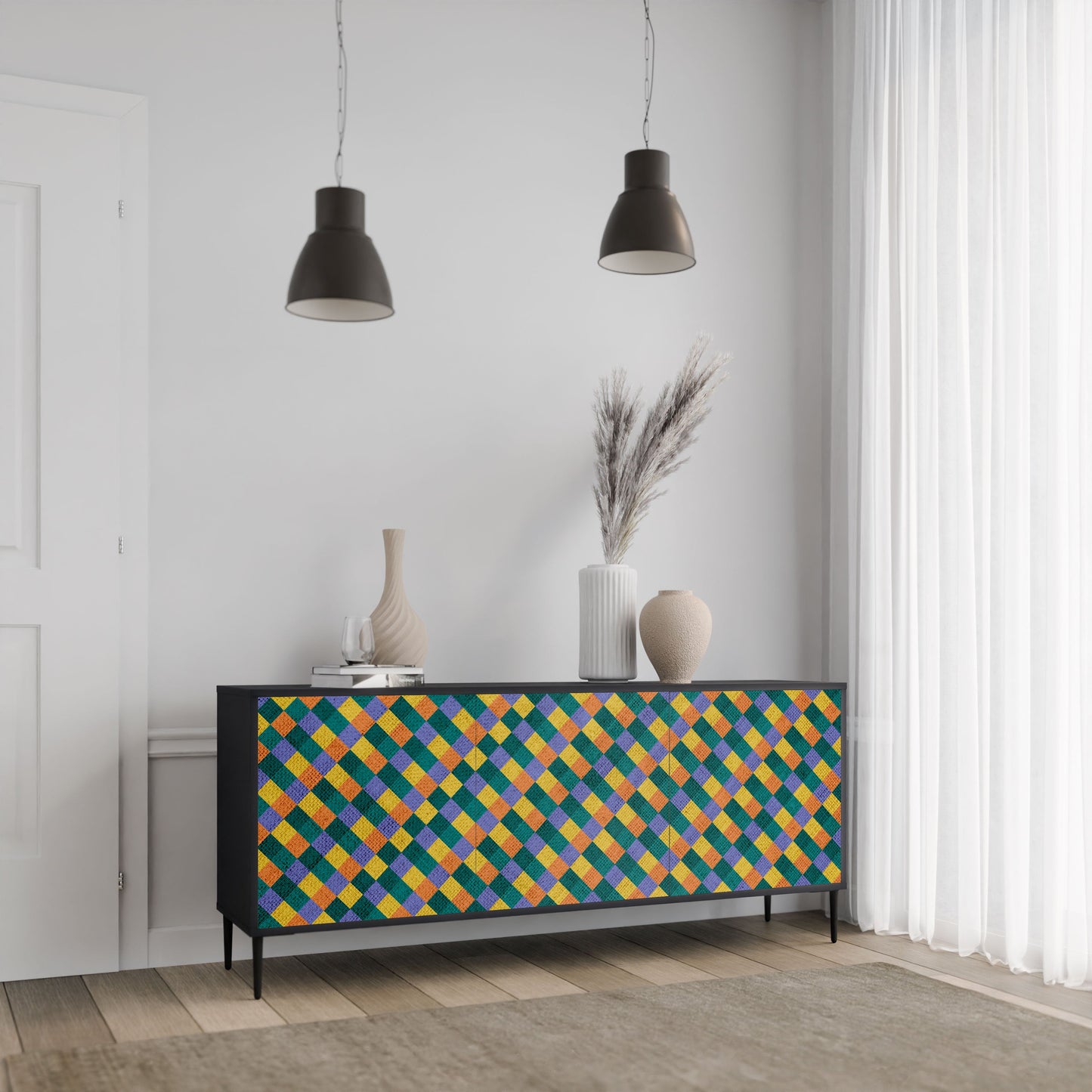 PAINTED SQUARES MIX 3-Door Sideboard in Black Finish