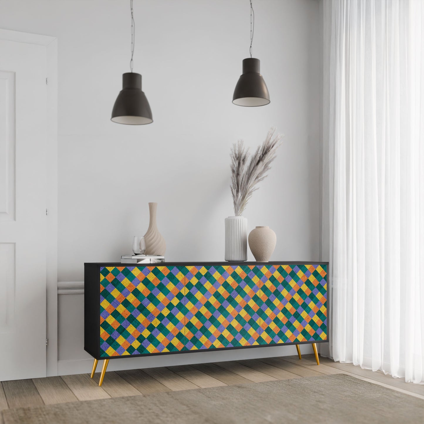 PAINTED SQUARES MIX 3-Door Sideboard in Black Finish