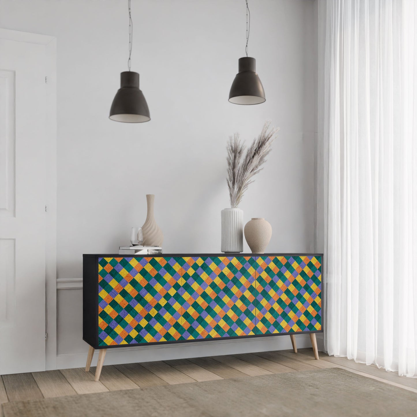 PAINTED SQUARES MIX 3-Door Sideboard in Black Finish