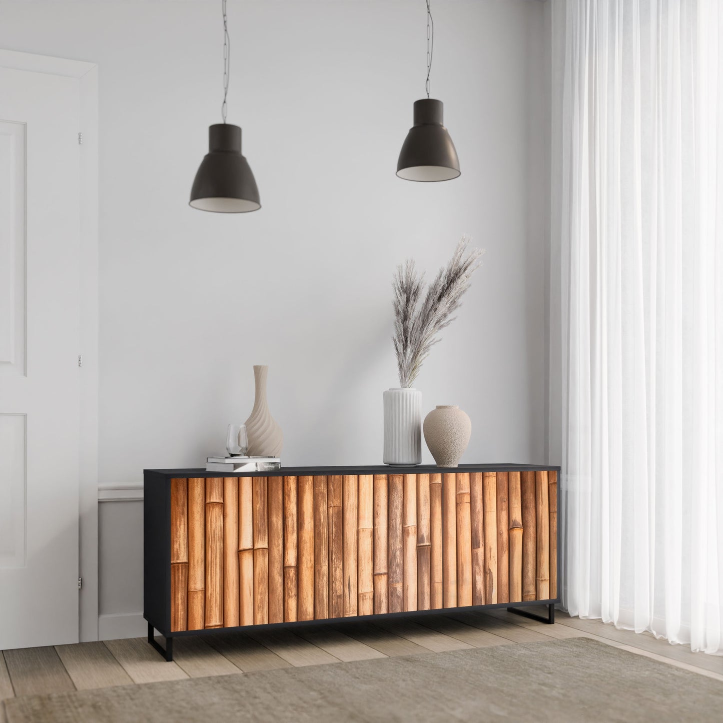 NATURAL WOOD 3-Door Sideboard in Black Finish