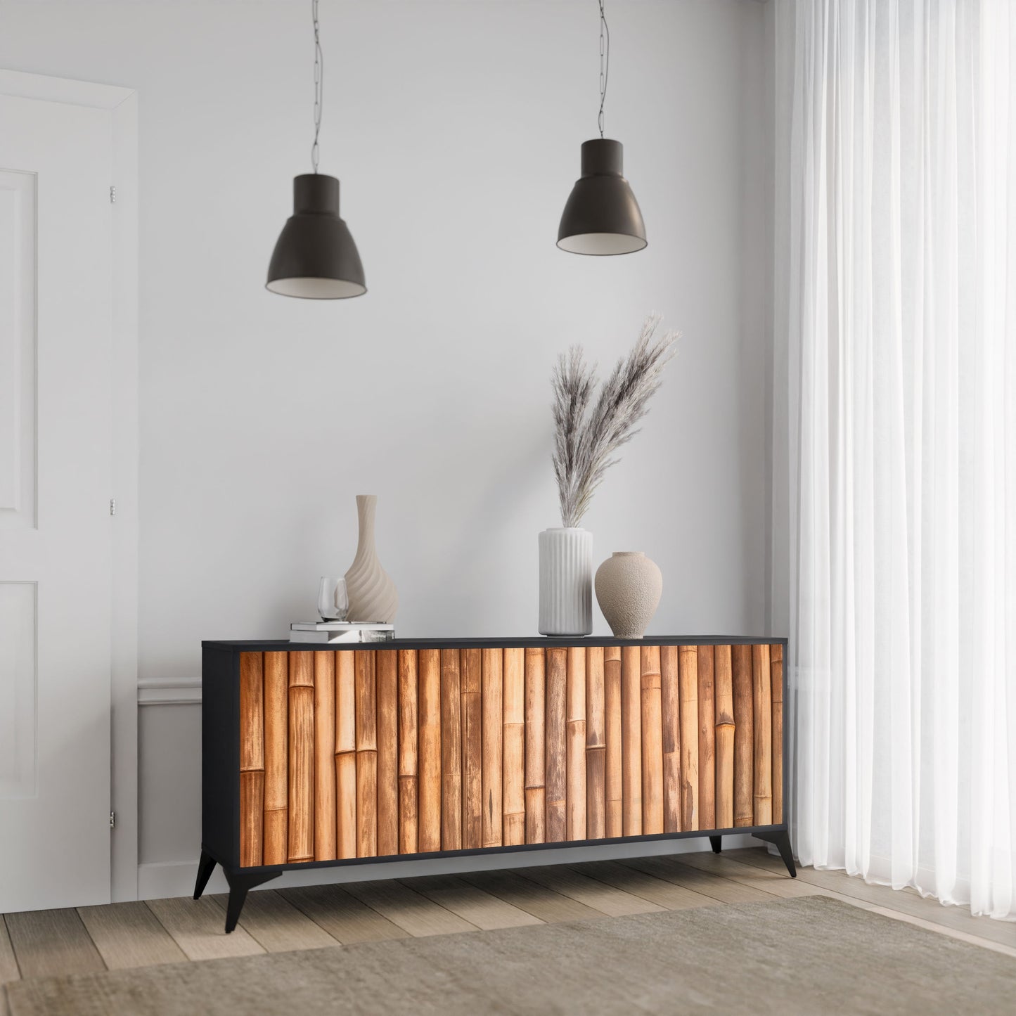 NATURAL WOOD 3-Door Sideboard in Black Finish