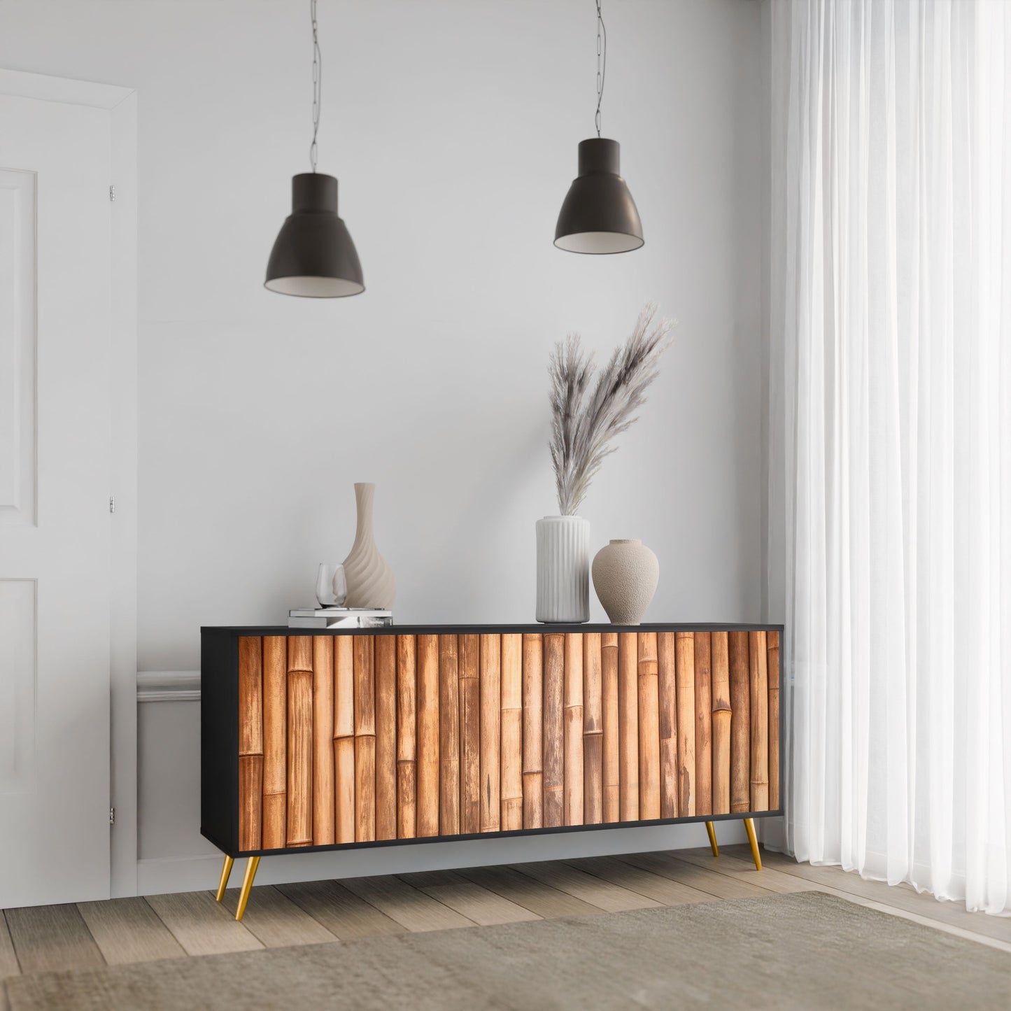 NATURAL WOOD 3-Door Sideboard in Black Finish