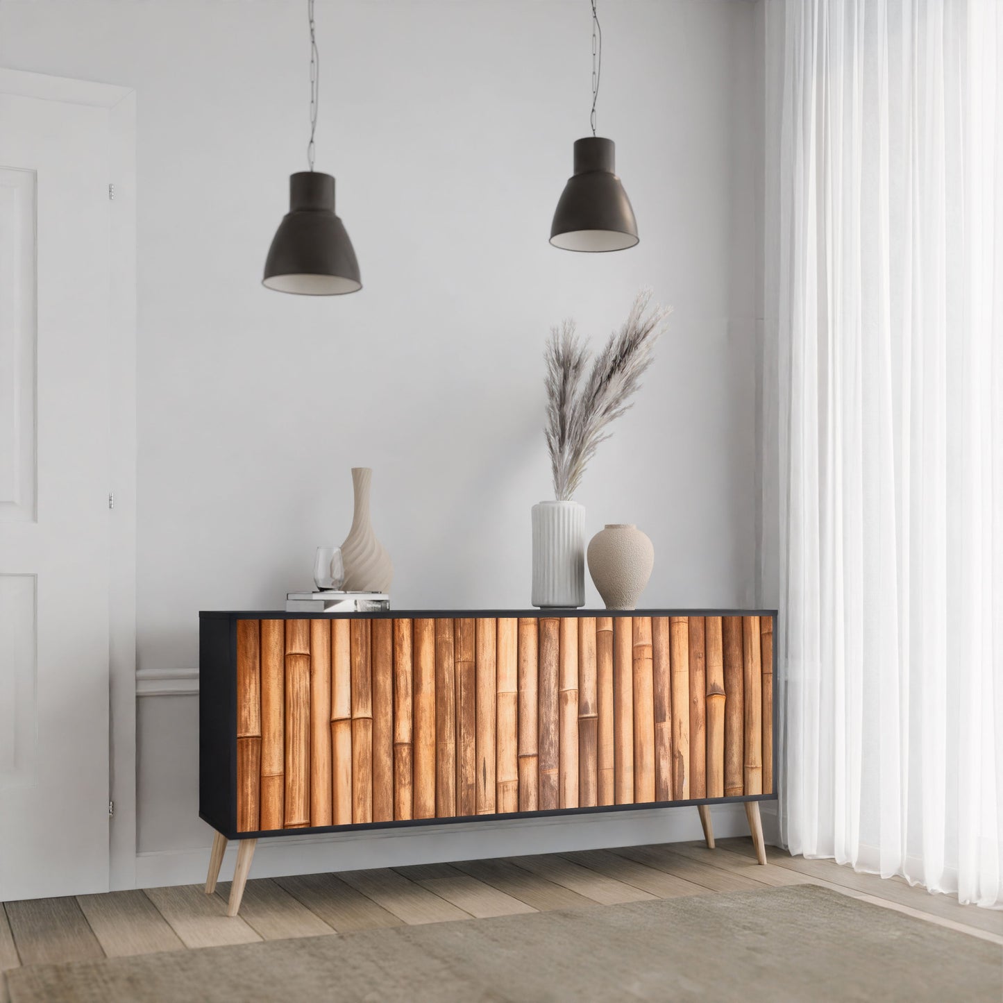 NATURAL WOOD 3-Door Sideboard in Black Finish